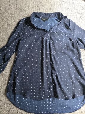 BCX Navy Blue Polka Dot Button Down Blouse Size XL